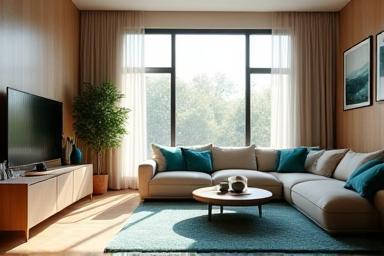 Akıllı ev teknolojisinin uygulandığı modern bir oturma odası